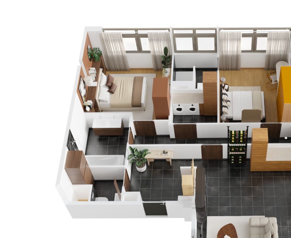 Plan 3D du T4 meublé : séjour sous verrière, cuisine îlot, trois chambres