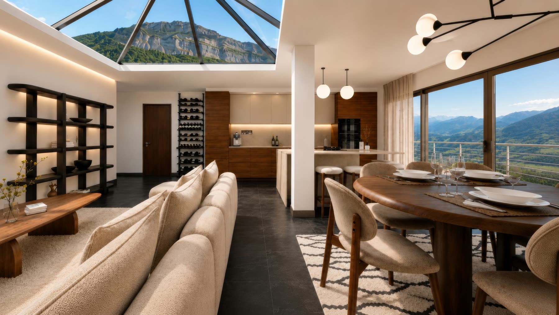 Salle à manger, cuisine noyer et baie panoramique
