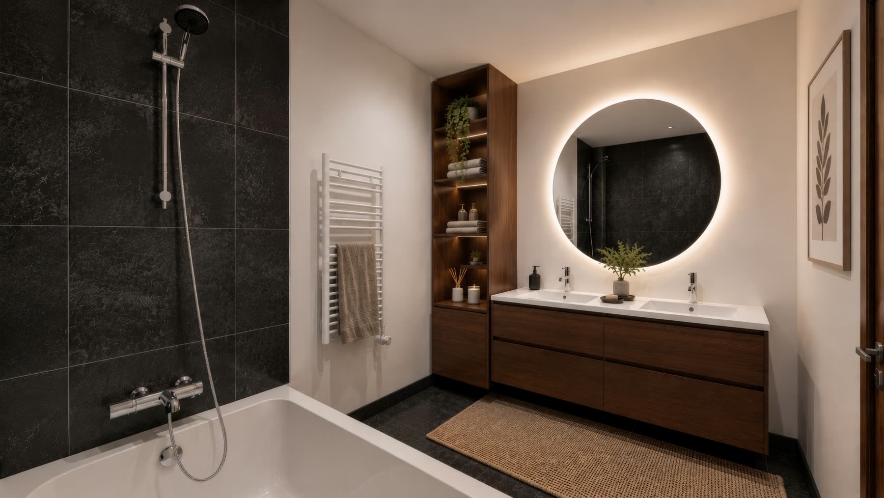 Salle de bain noire, double vasque et miroir rétroéclairé