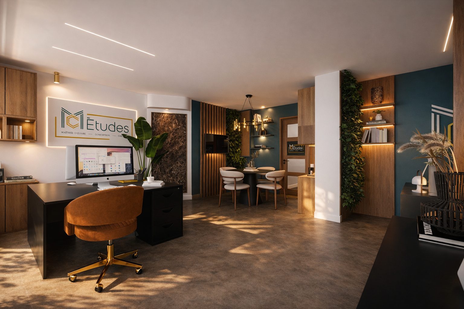 Bureaux MC Études en 3D : poste d'accueil, mur bleu canard, claustra bois et coin réunion