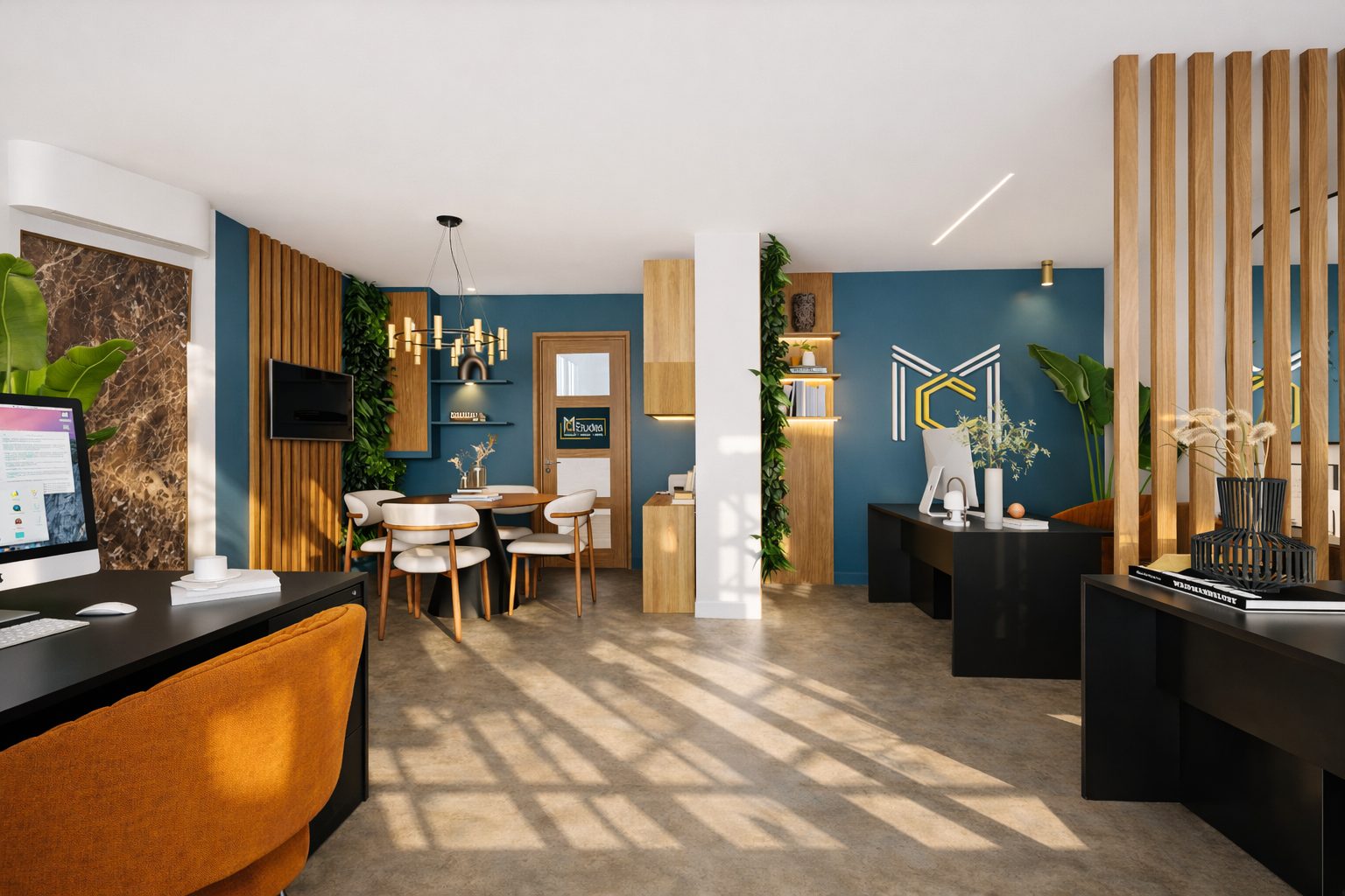 Bureaux MC Études en 3D : accueil, bois et bleu canard, logo au mur
