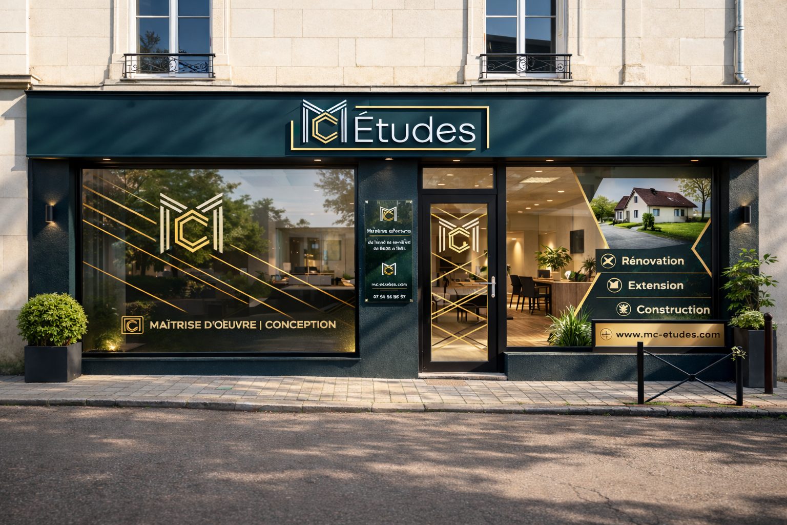 Façade en 3D : bandeau MC Études, vitrine habillée
