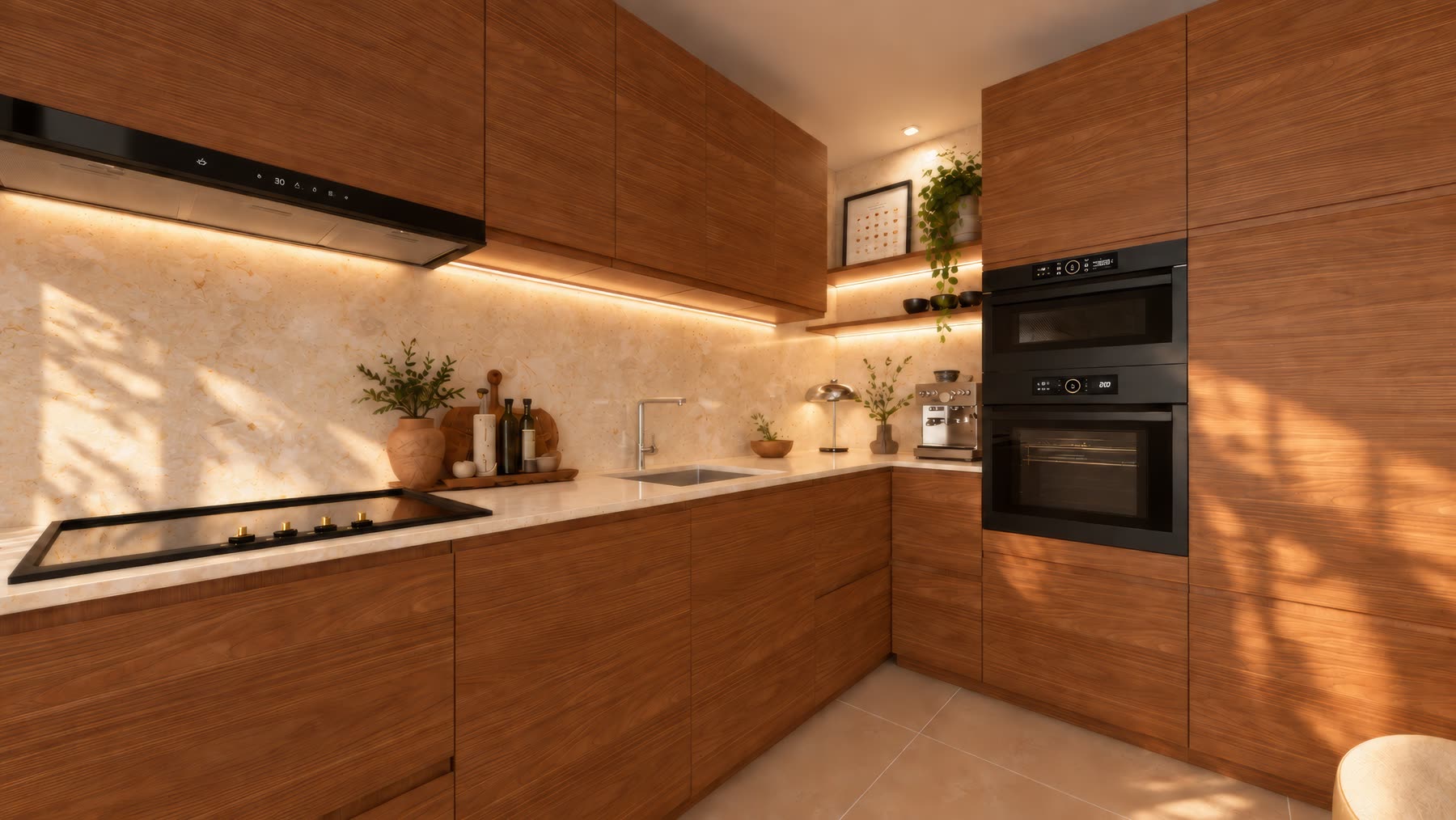 Cuisine en L, façades noyer, crédence en pierre rétroéclairée