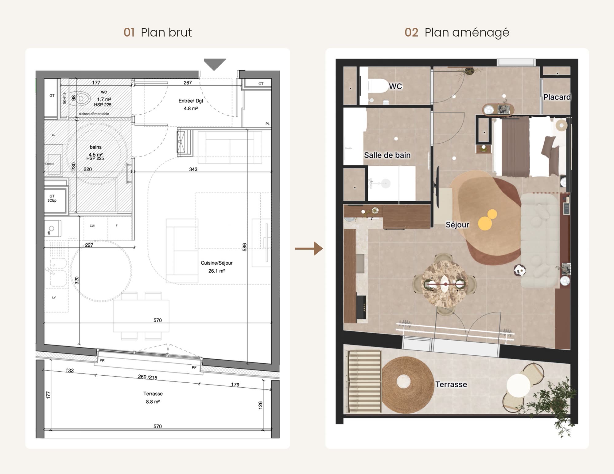 Plan brut du studio et plan aménagé avec WC, salle de bain, placard, séjour avec coin nuit et terrasse