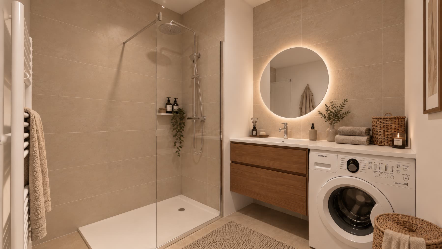 Salle de bain avec douche à l'italienne, meuble bois et miroir rétroéclairé