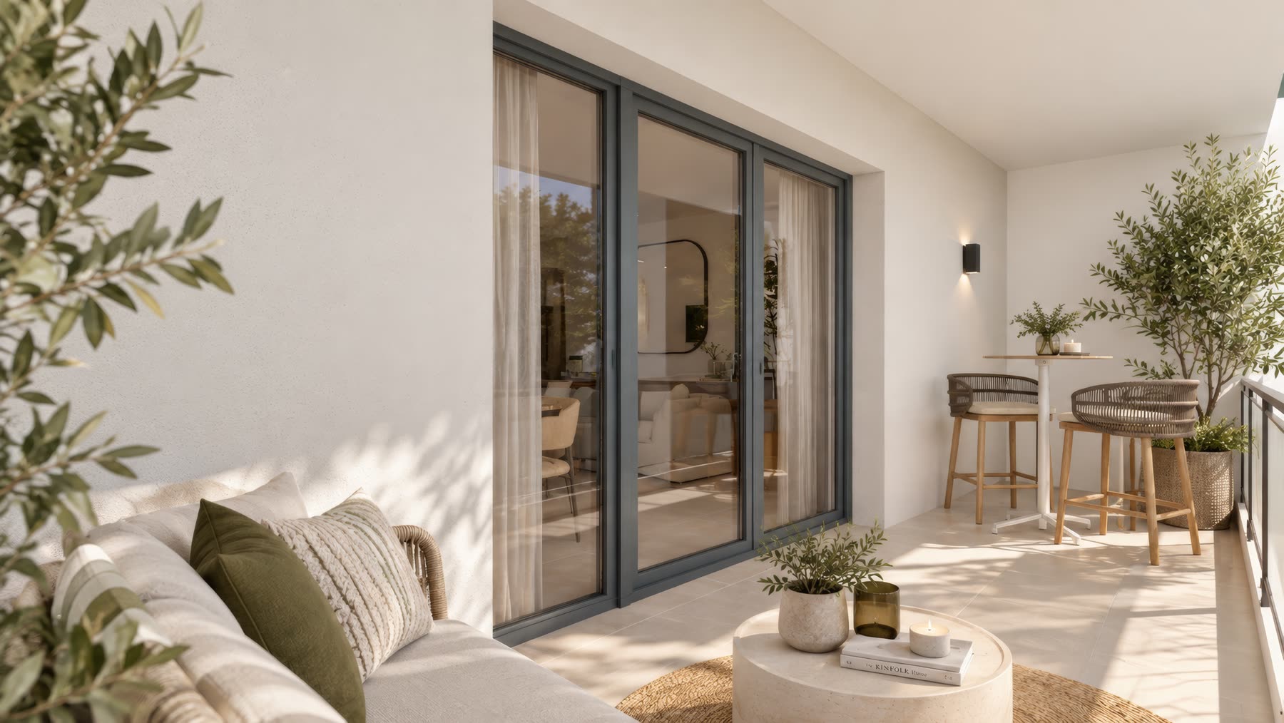Terrasse avec banquette, table d'appoint et oliviers en pot