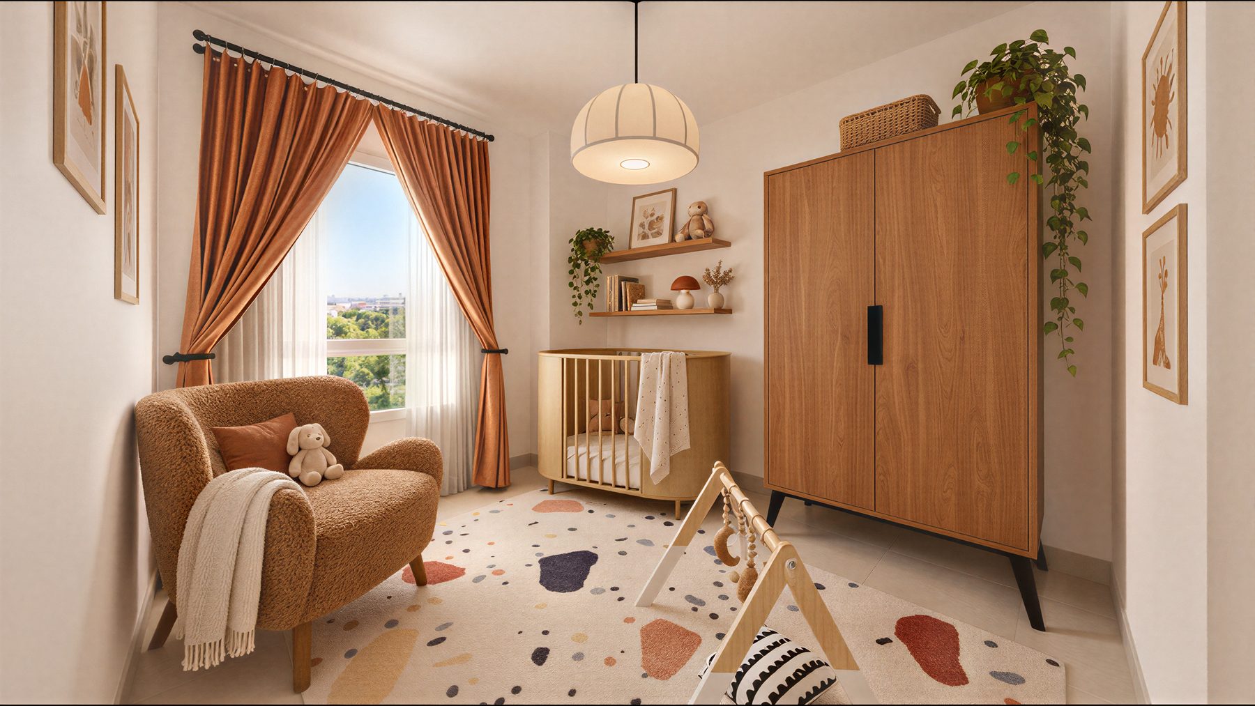 Chambre de bébé, lit à barreaux ovale, fauteuil bouclé et armoire en bois