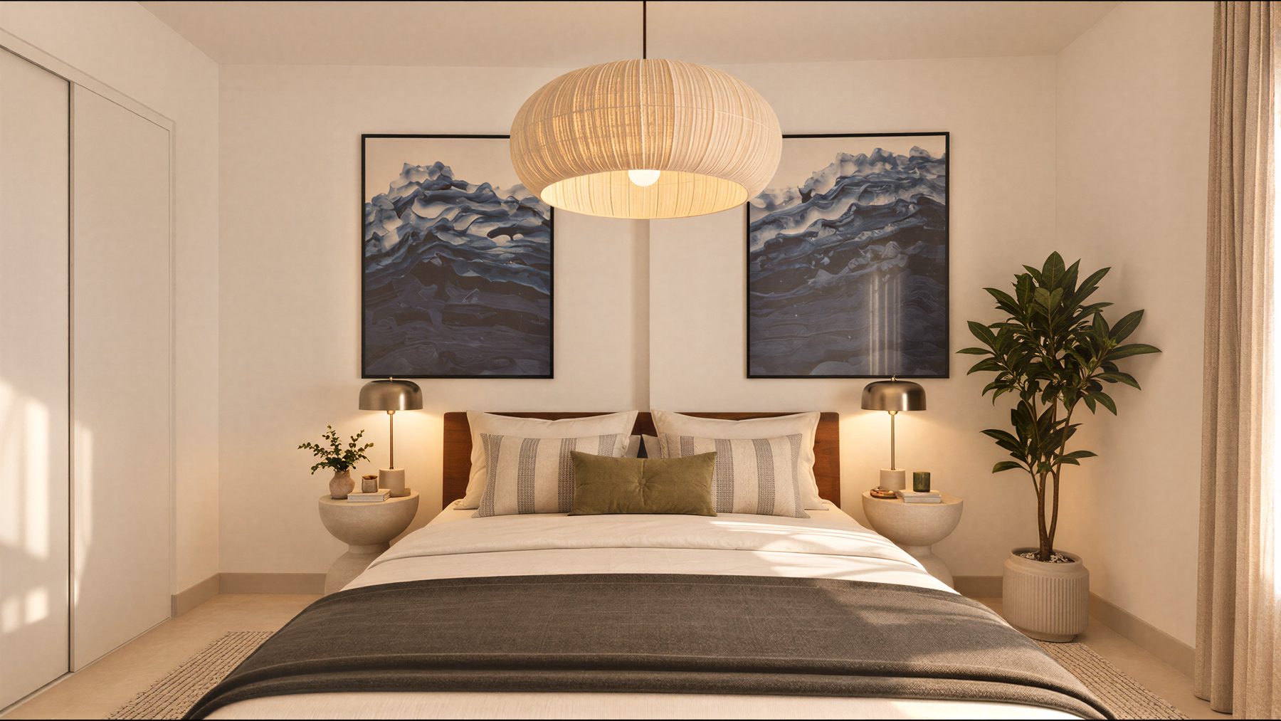 Chambre parentale de face, tables de chevet en pierre et lampes laiton