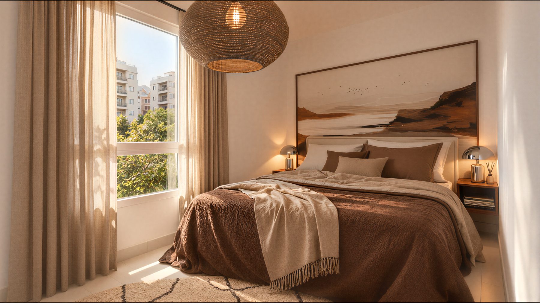 Chambre chocolat côté fenêtre, grand tableau paysage au-dessus du lit