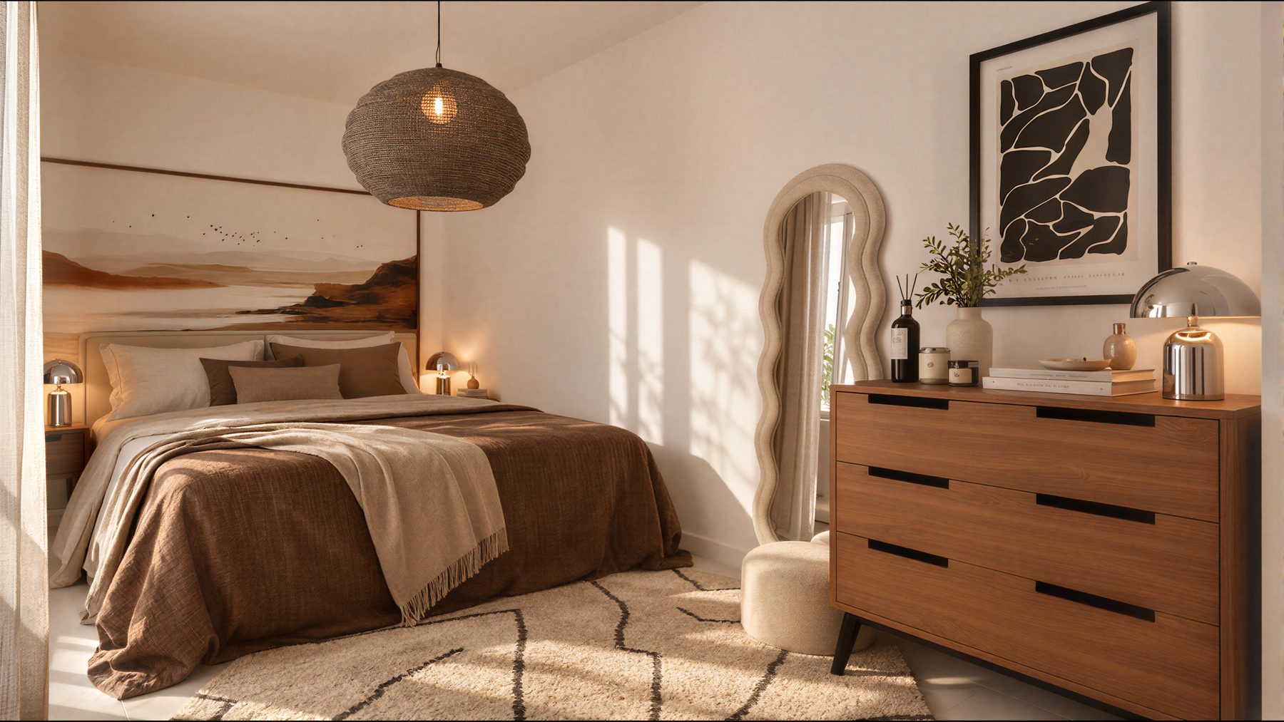 Chambre aux tons chocolat, suspension tressée, miroir ondulé et commode en noyer