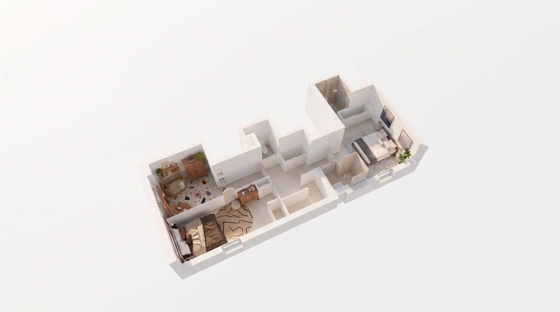 Plan 3D de l'étage meublé : trois chambres, chambre de bébé, salle d'eau et rangements