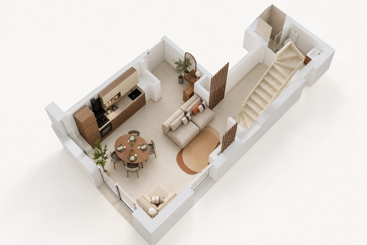 Plan 3D du rez-de-chaussée meublé : cuisine, coin repas, salon, escalier et salle d'eau