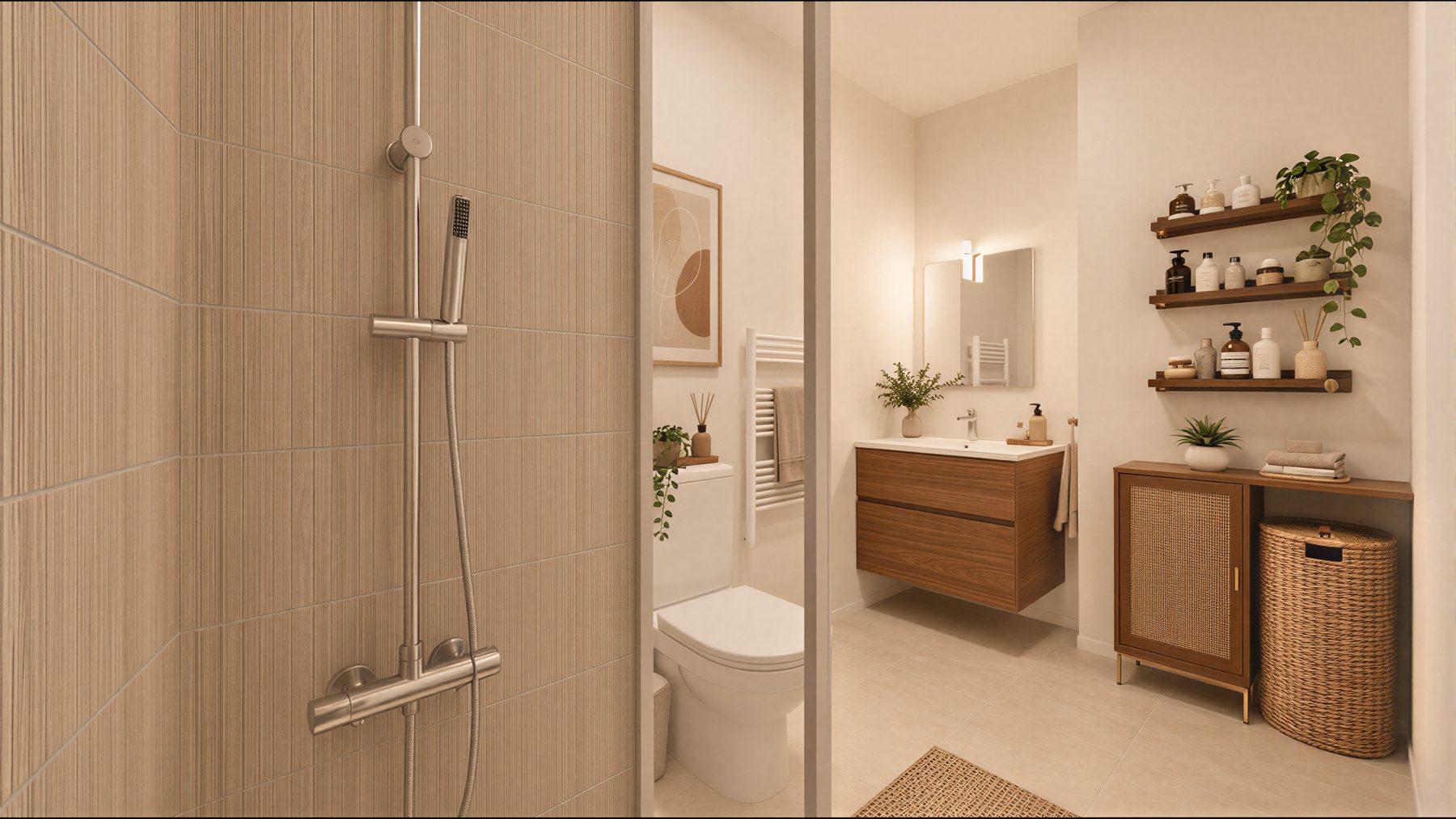 Salle d'eau, douche en faïence effet bois, meuble vasque en noyer et étagères