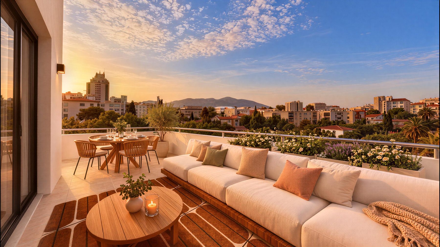 Terrasse avec long canapé extérieur face à la ville et aux collines