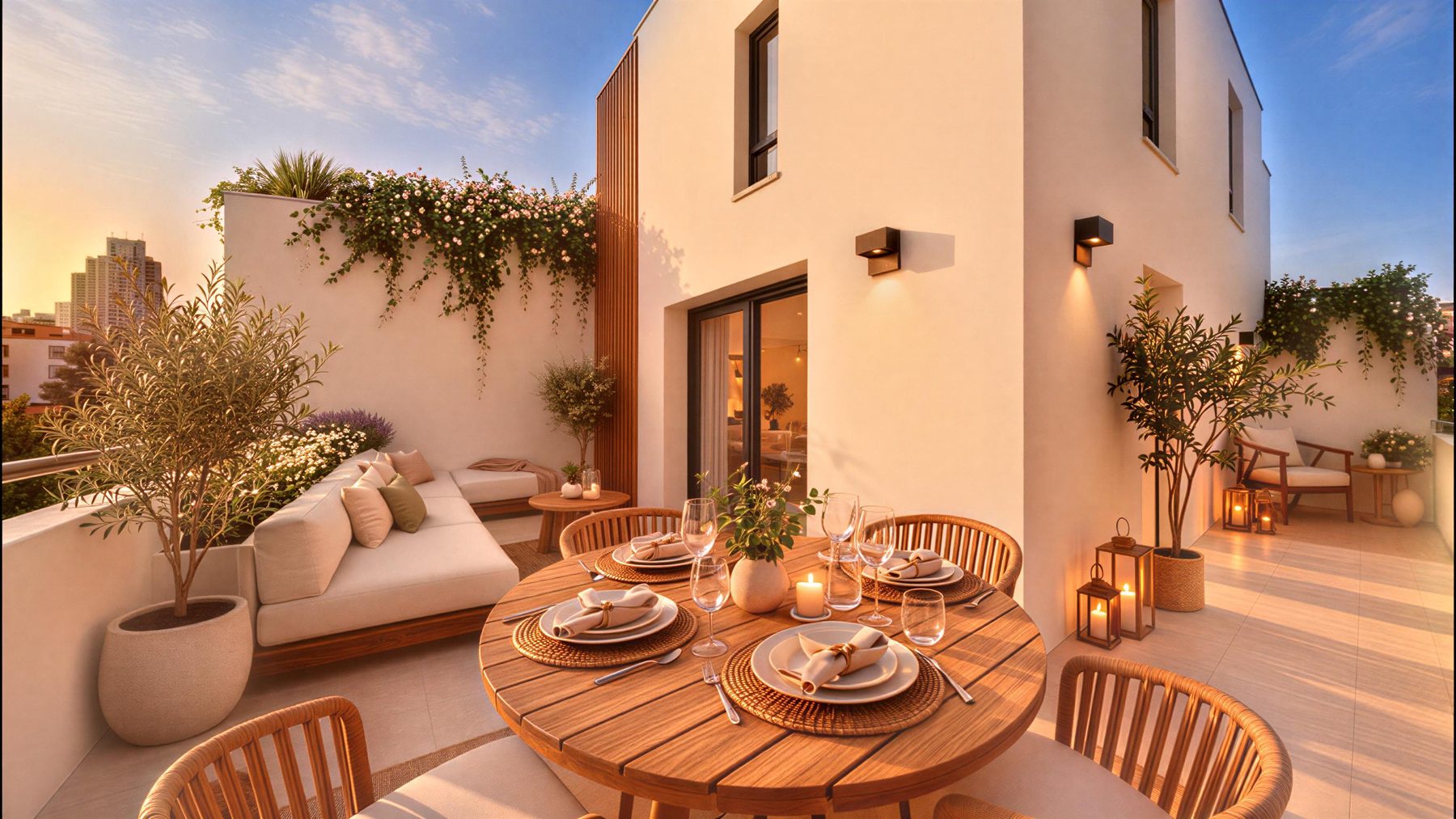 Toit-terrasse au coucher du soleil, table ronde en bois dressée et banquette d'angle