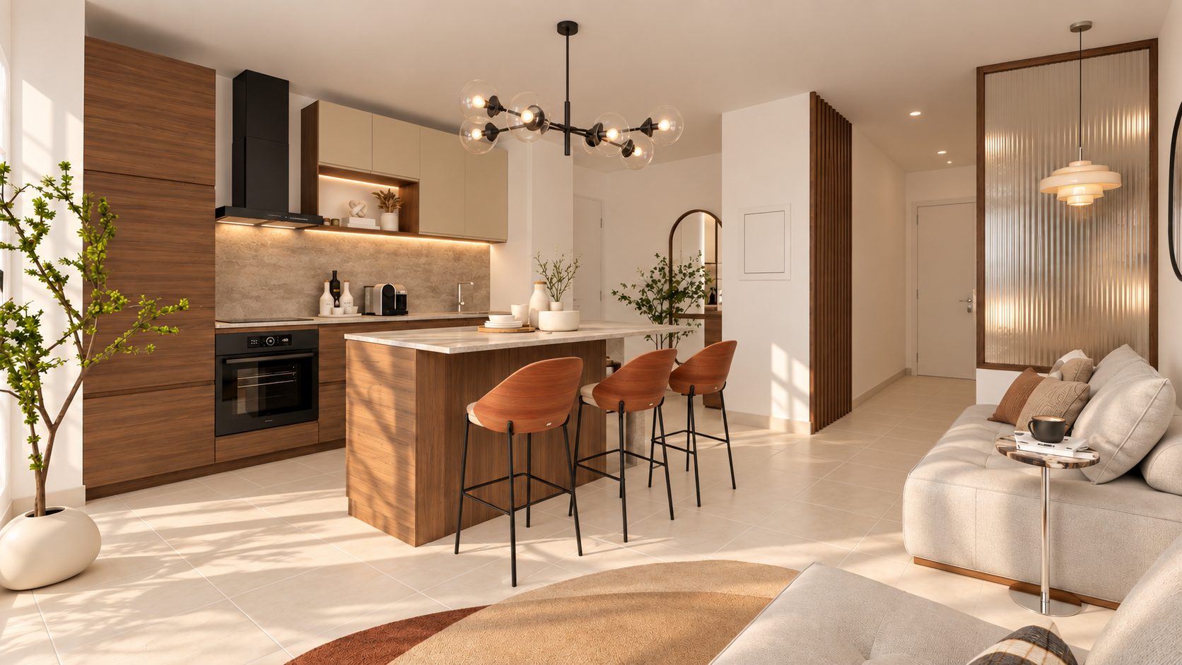Cuisine en noyer et beige, îlot avec trois tabourets, claustra en bois vers l'entrée