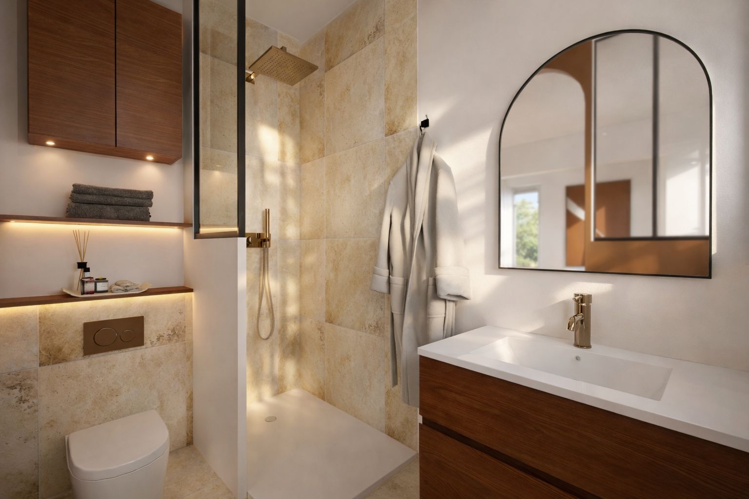Salle d'eau de la chambre d'amis, douche et miroir cintré
