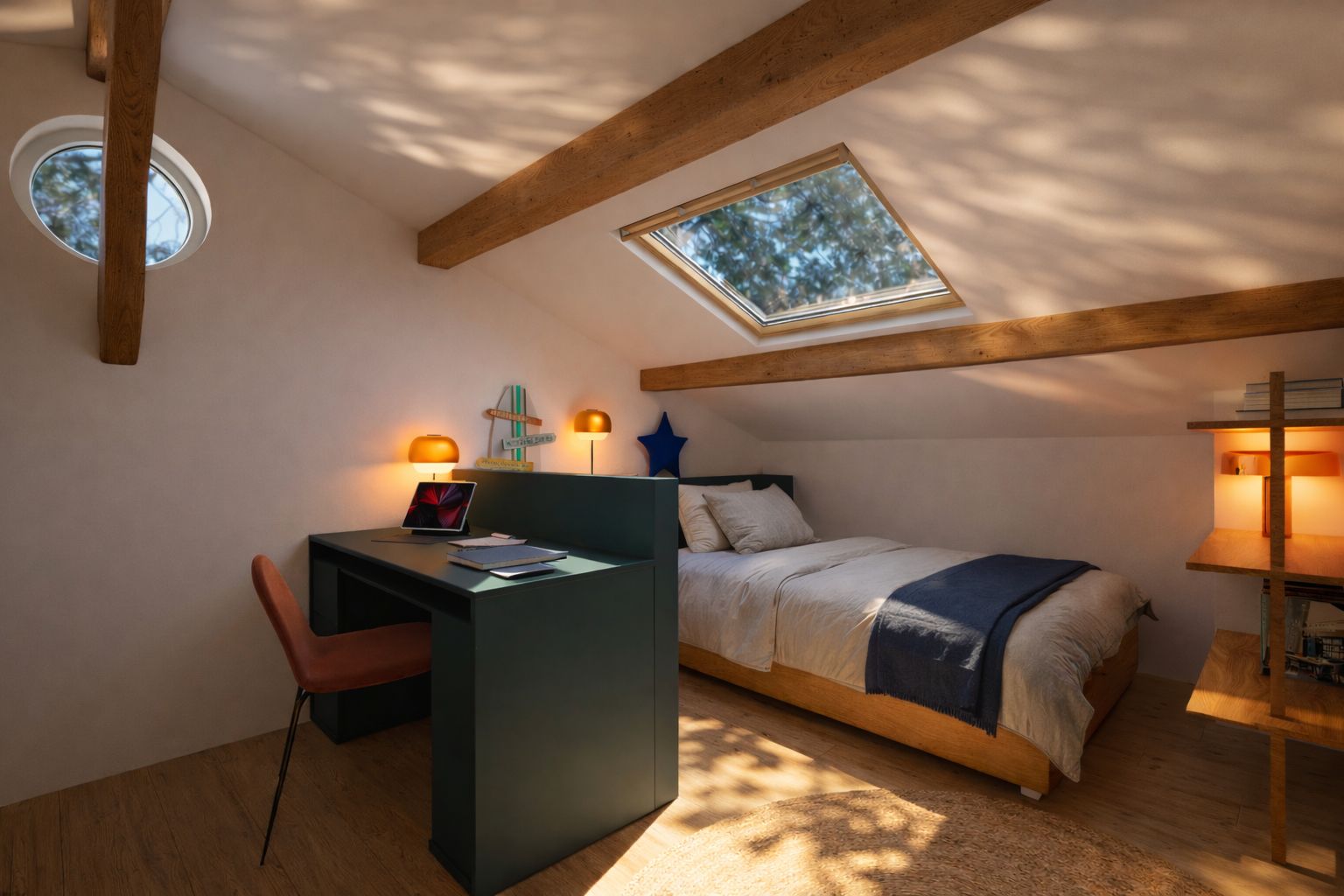 Chambre sous pente, bureau vert et fenêtre de toit