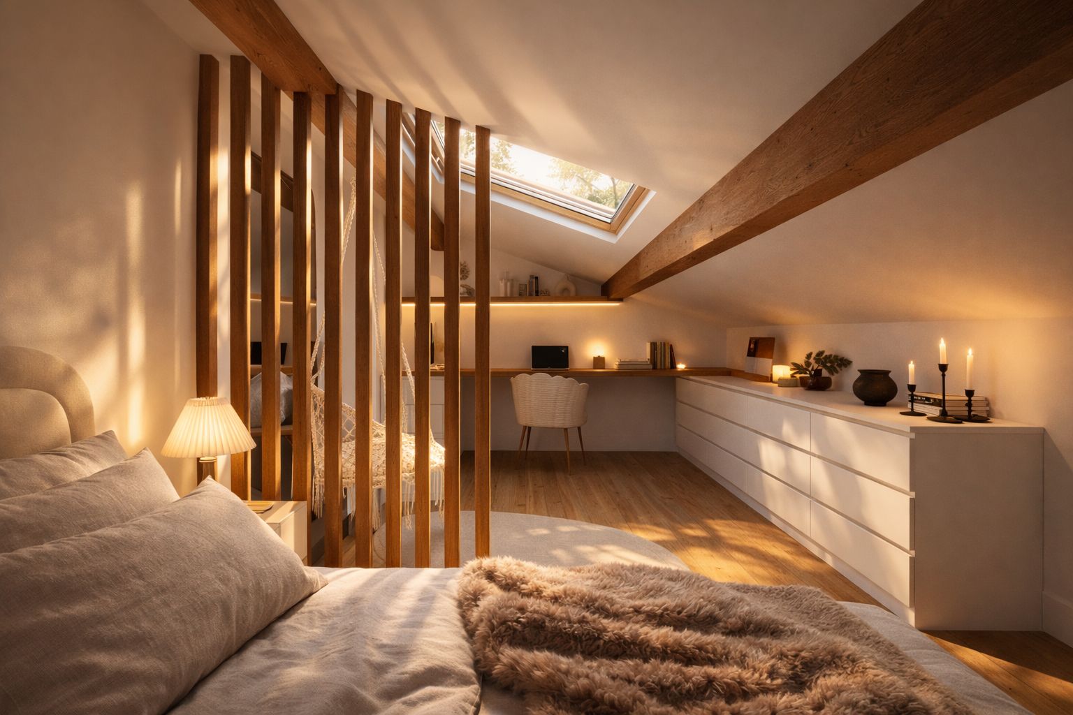 Chambre sous pente, claustra bois et bureau