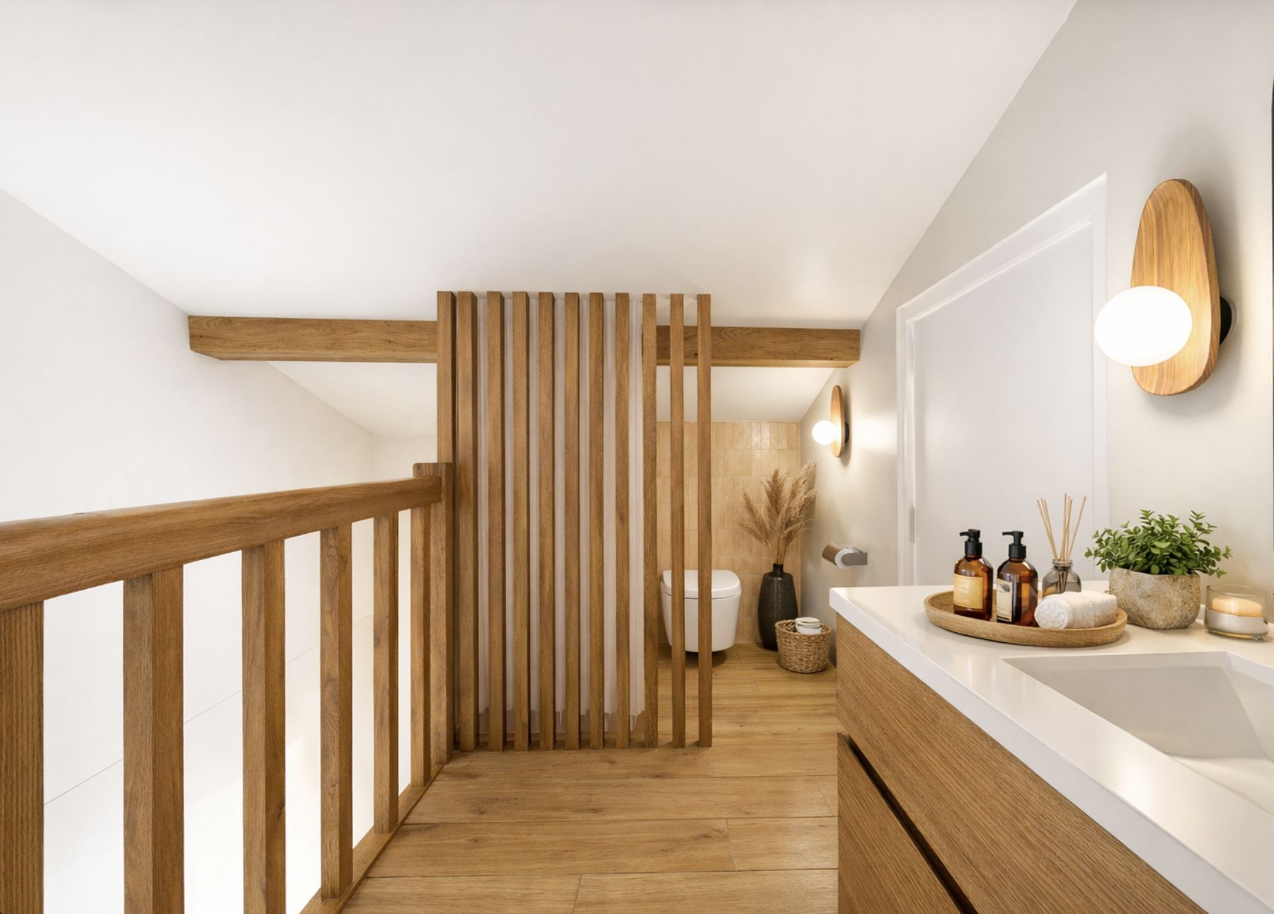 Meuble vasque bois et rambarde