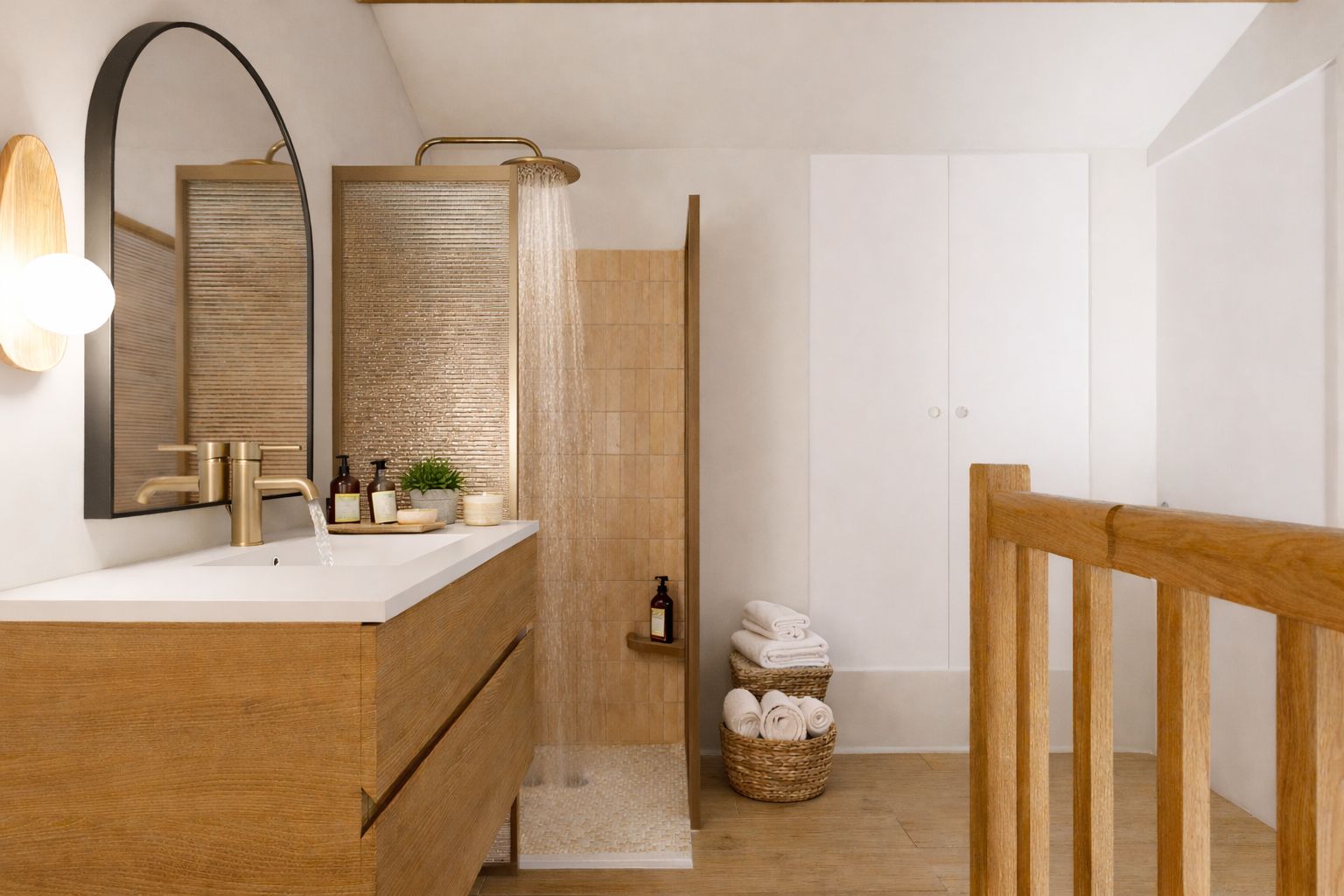 Douche en verre strié et miroir arche