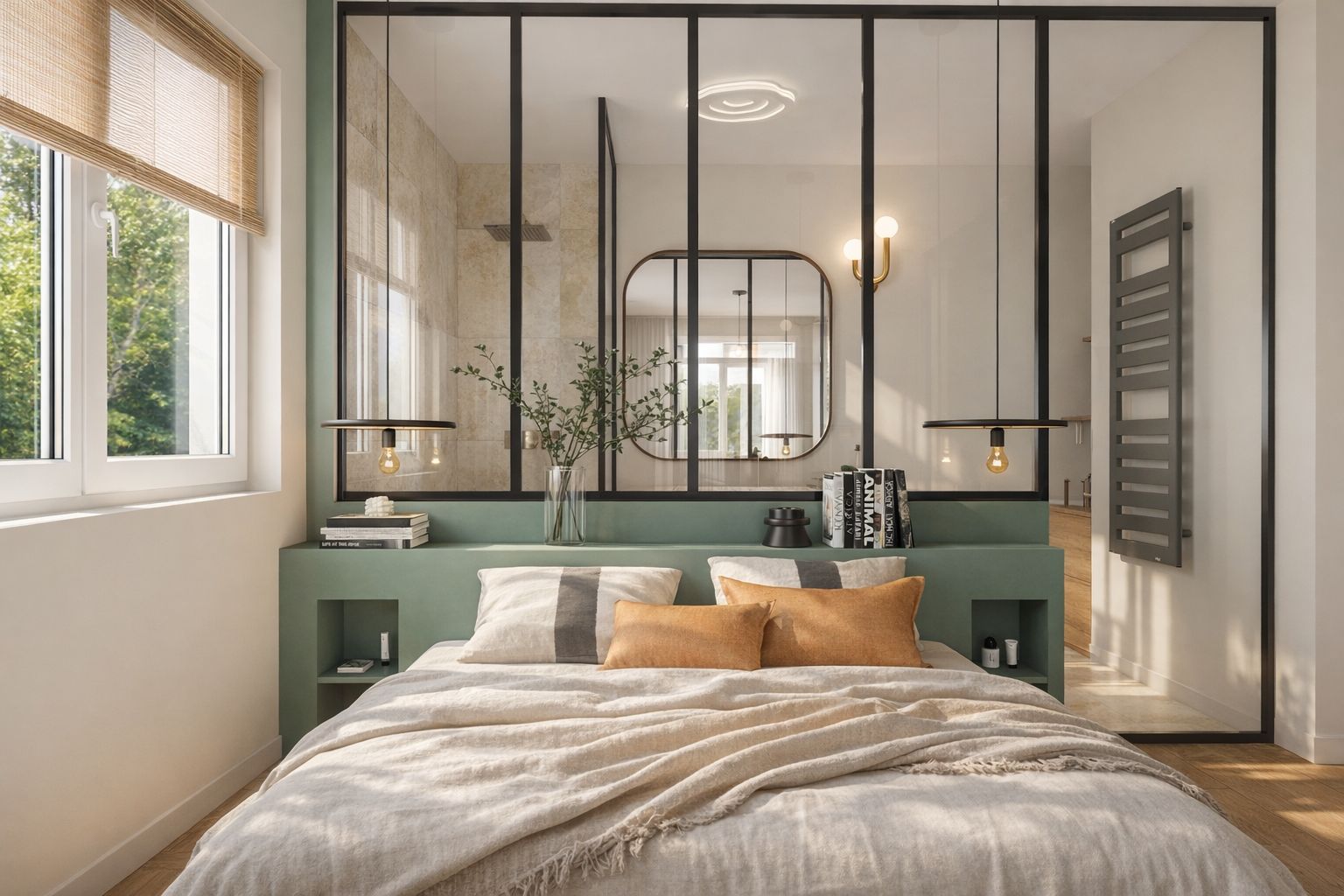 Tête de lit verte et verrière vers la salle de bain