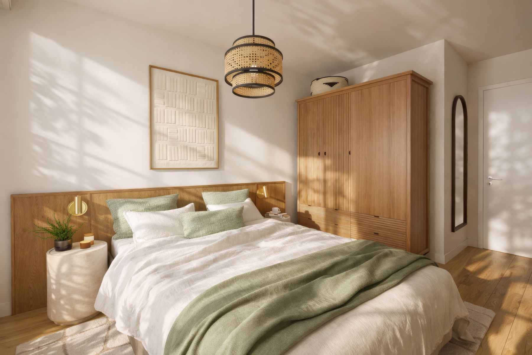 Chambre, tête de lit en chêne et armoire cannelée