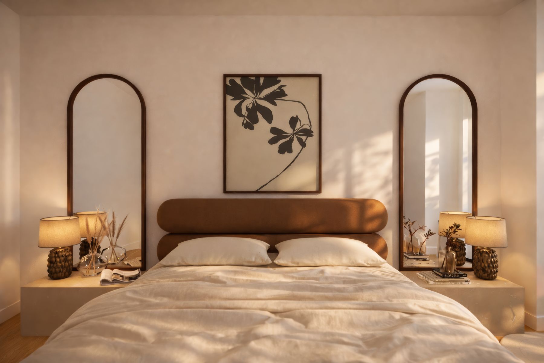 Chambre, tête de lit cognac et miroirs arche