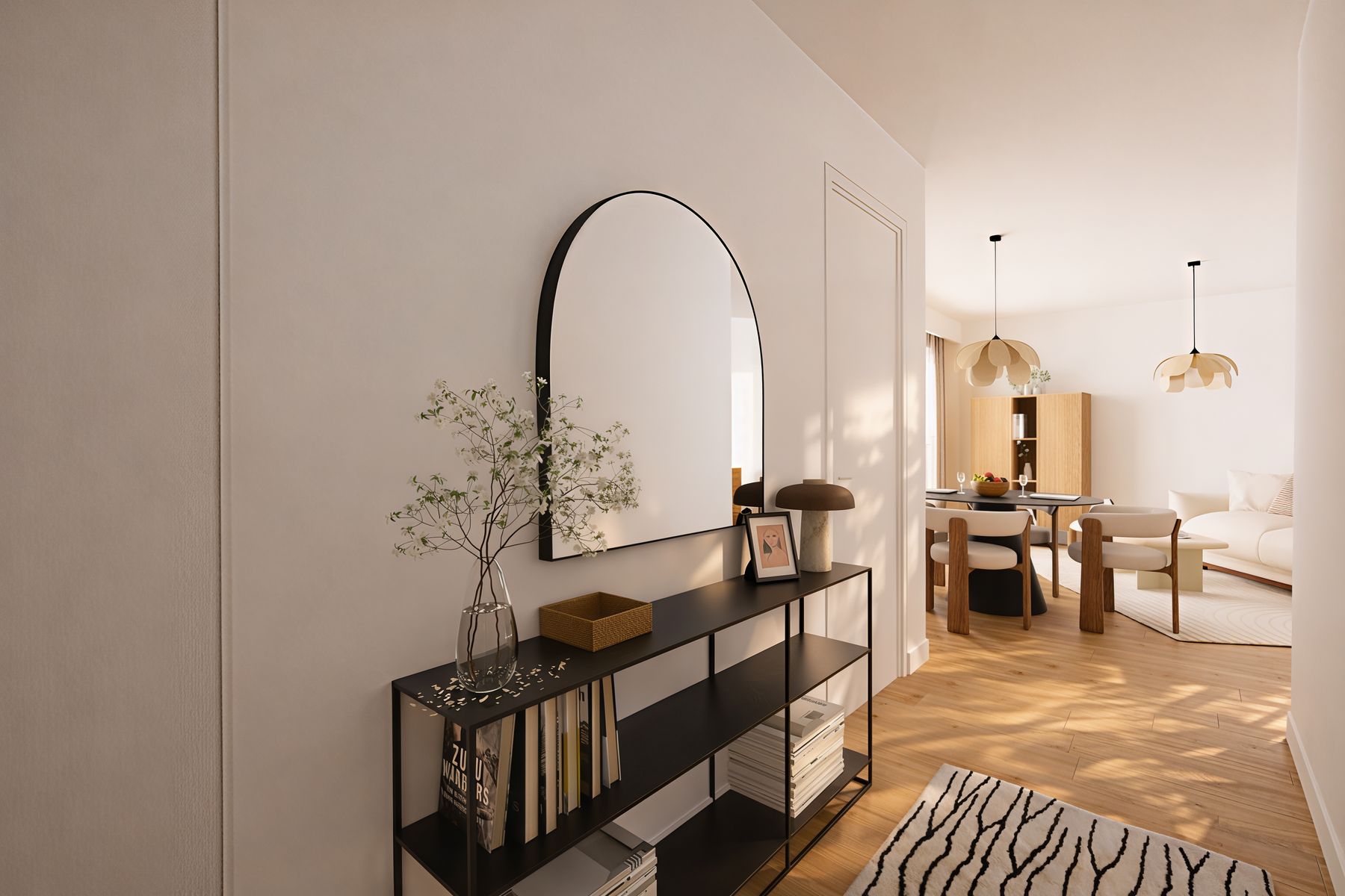 Entrée, console noire et miroir arche vers le séjour