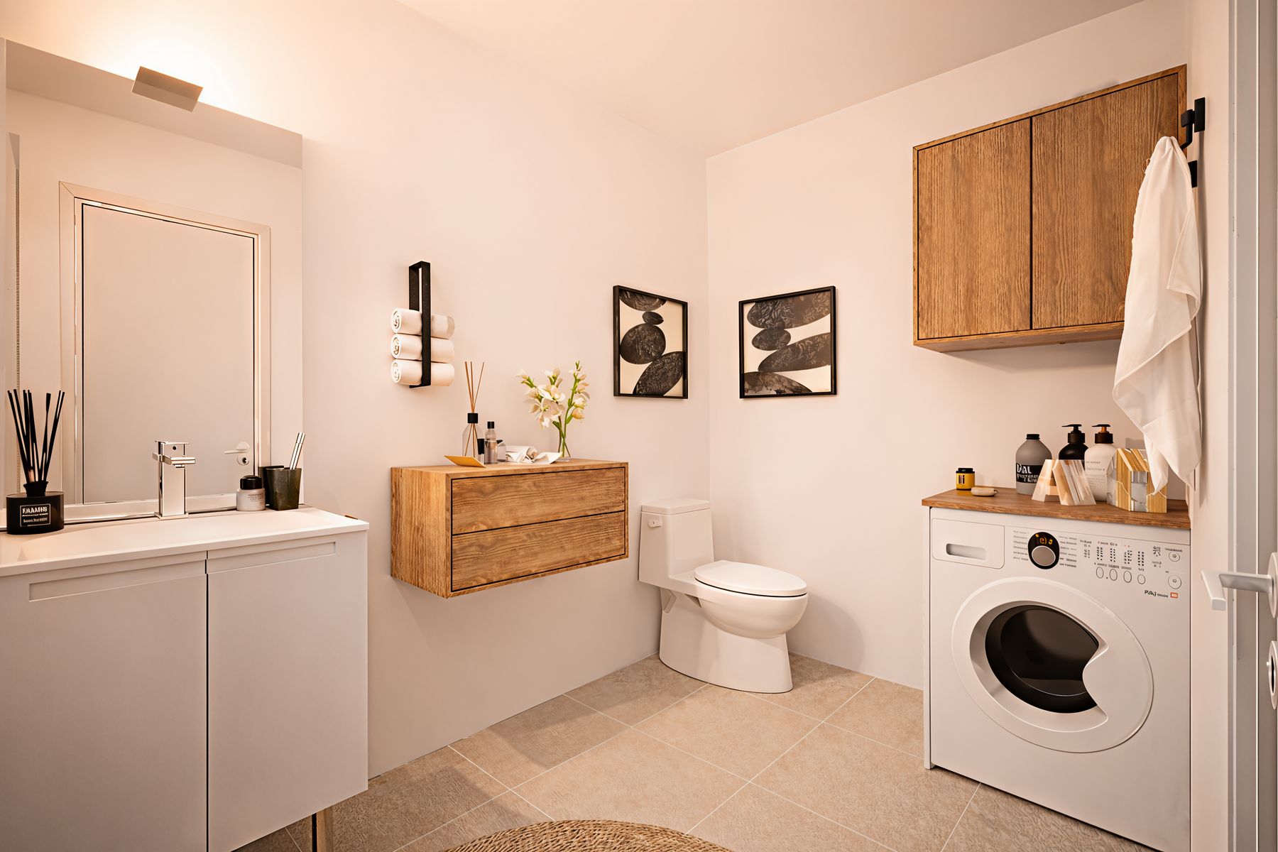 Salle d'eau, meubles chêne et lave-linge
