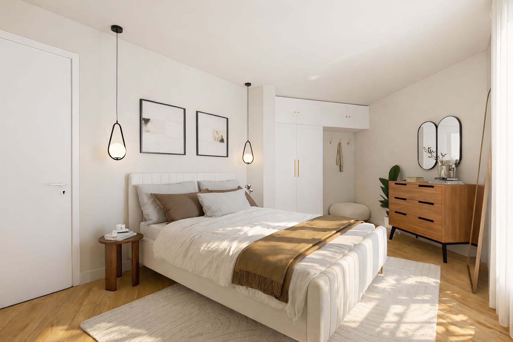 Chambre parentale, lit capitonné et commode en bois