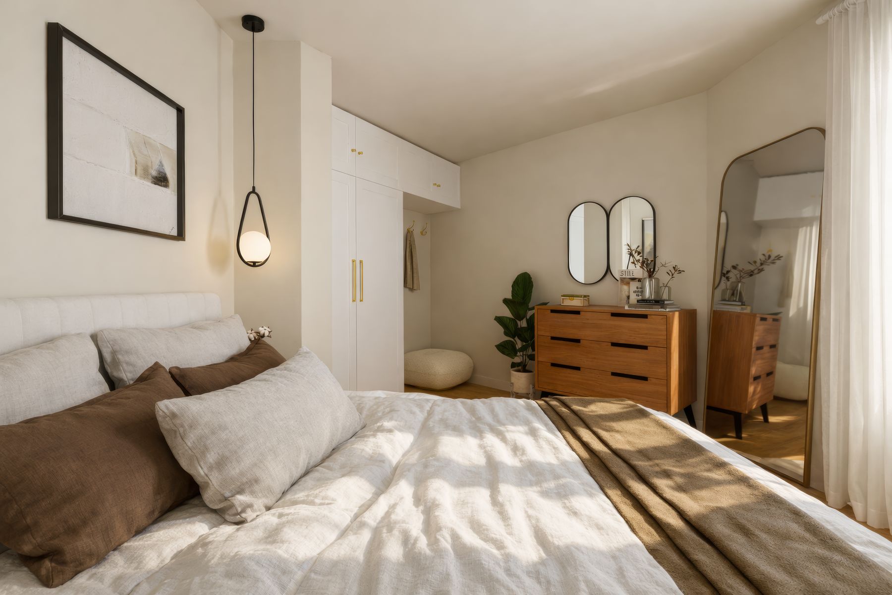 Chambre parentale, placards et miroir