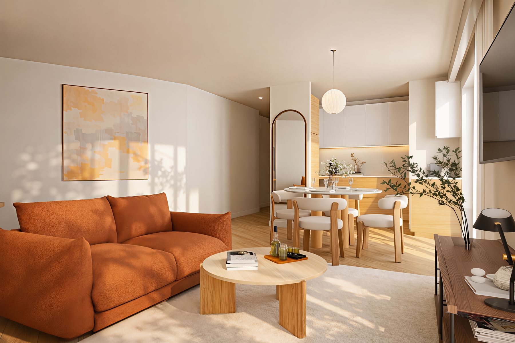 Salon, canapé cognac et cuisine en chêne