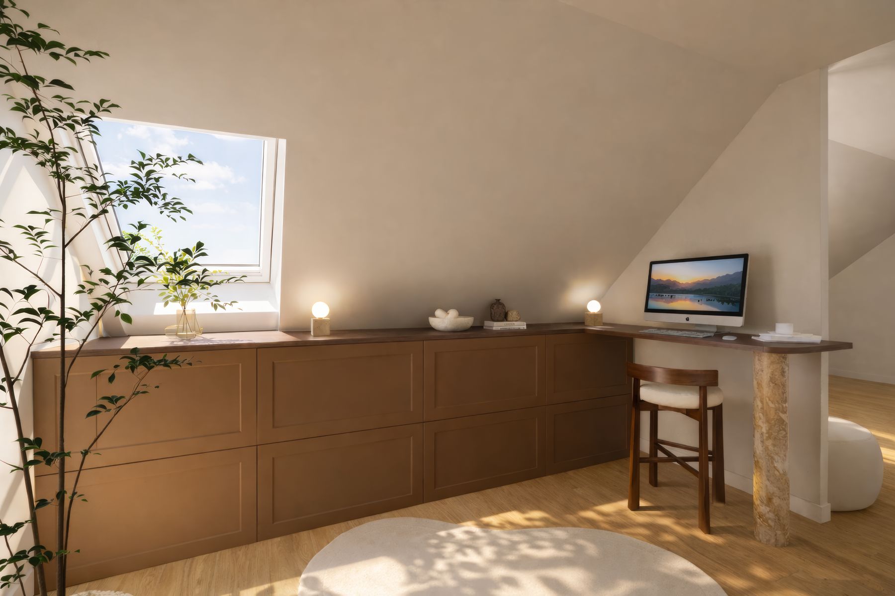 Rangements sous rampant et bureau