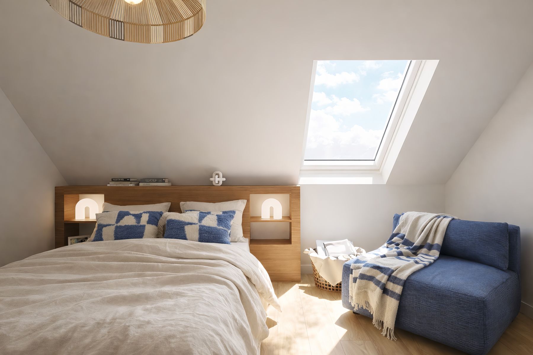 Chambre bleue, fenêtre de toit