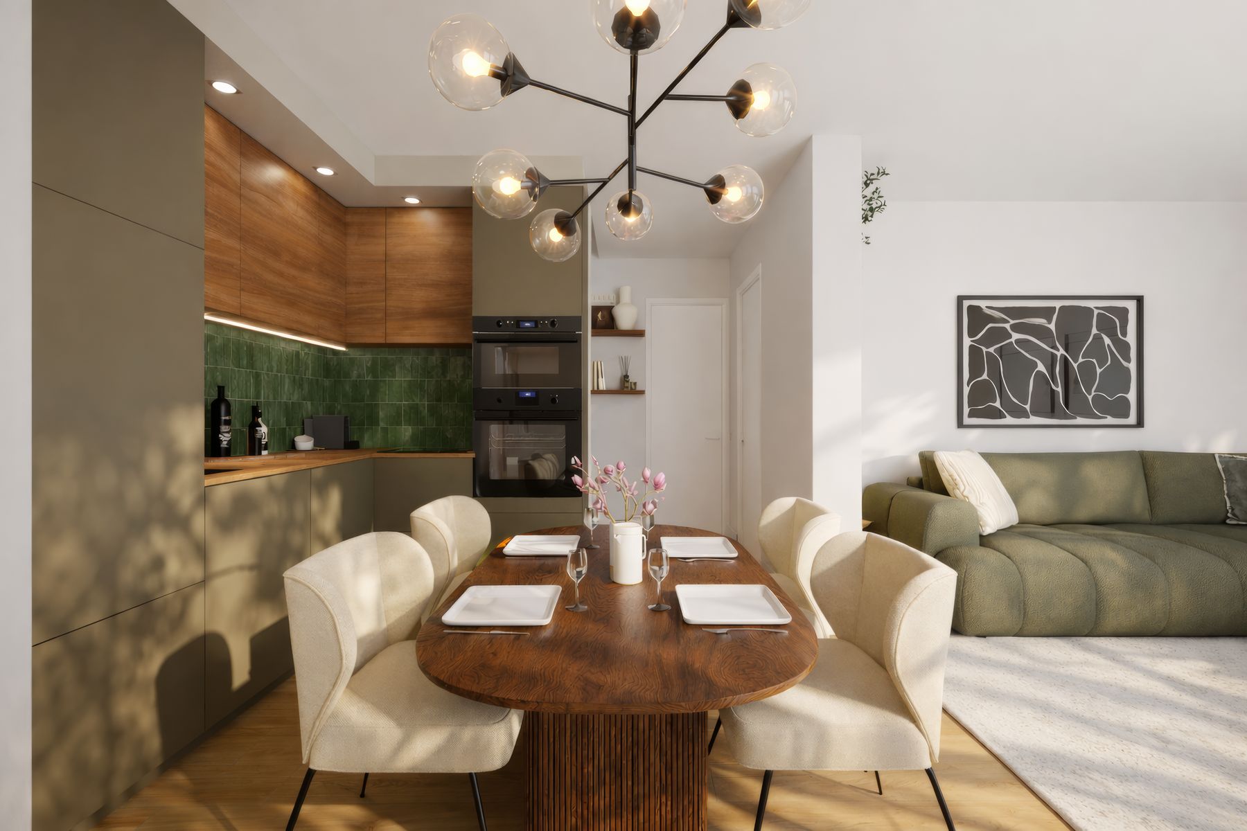 Table ovale en noyer et cuisine, zellige vert