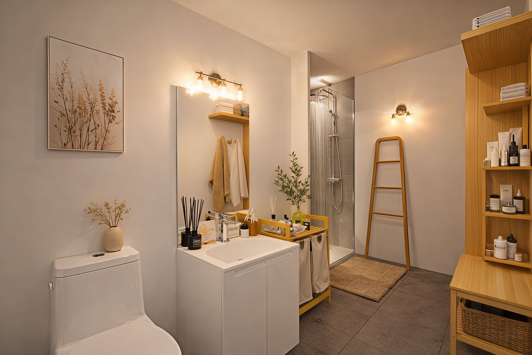 Salle de bains de l'étage, douche et échelle en bois