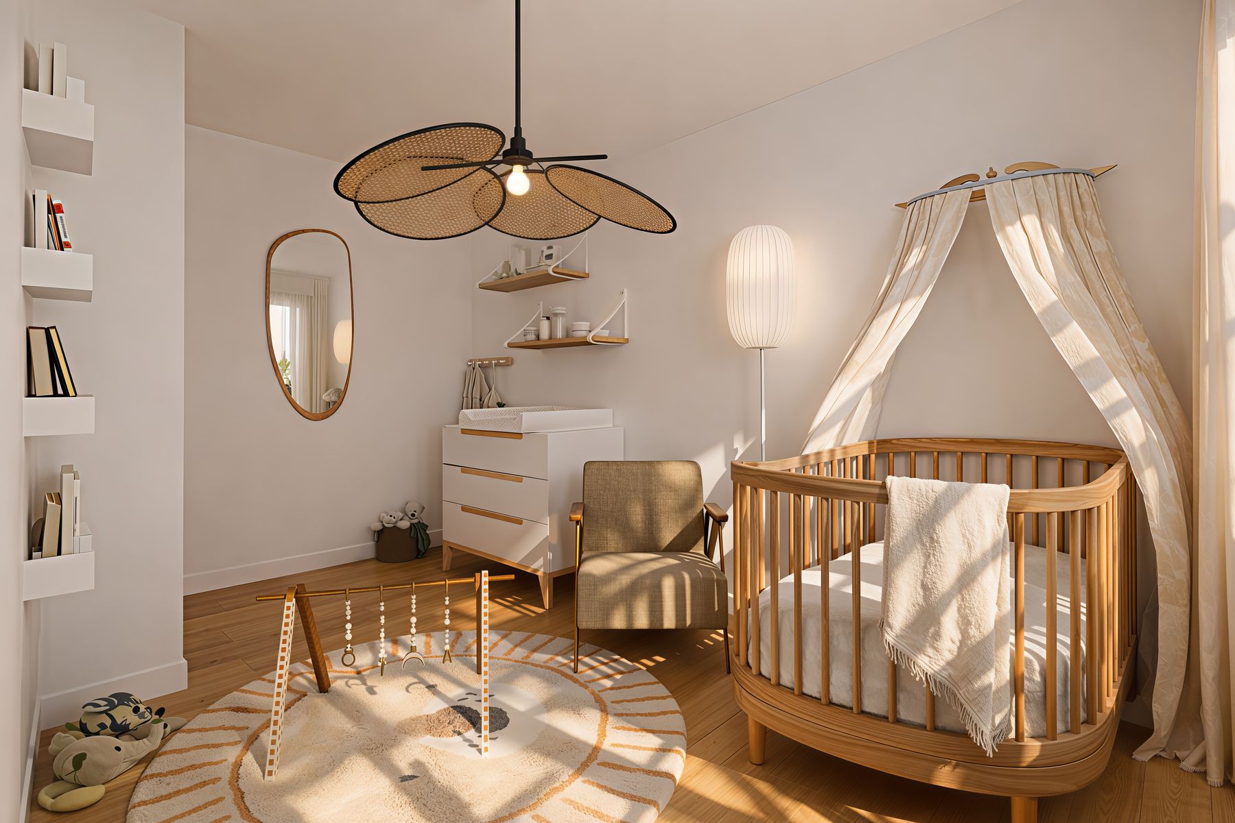 Chambre de bébé, berceau ovale et ciel de lit