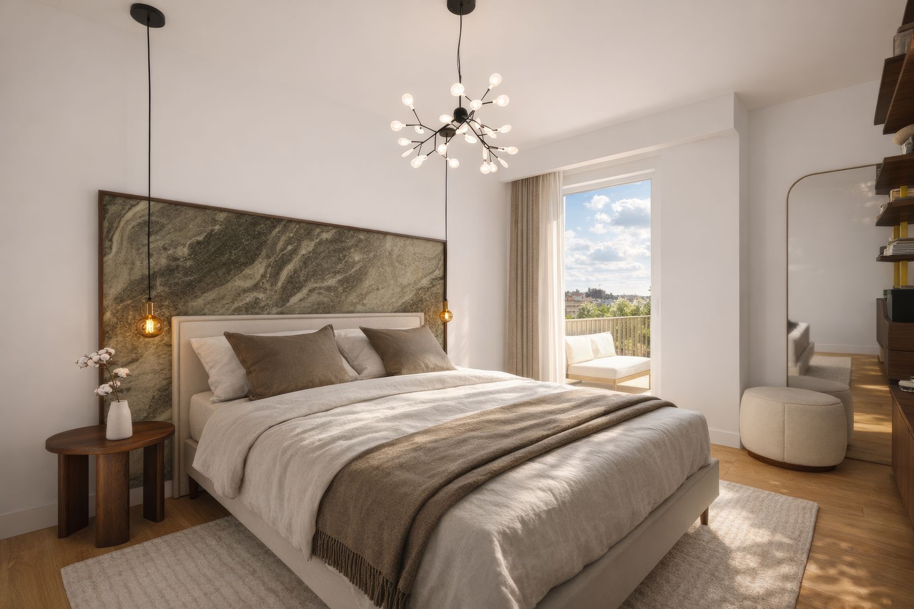 Chambre parentale, tête de lit en pierre verte