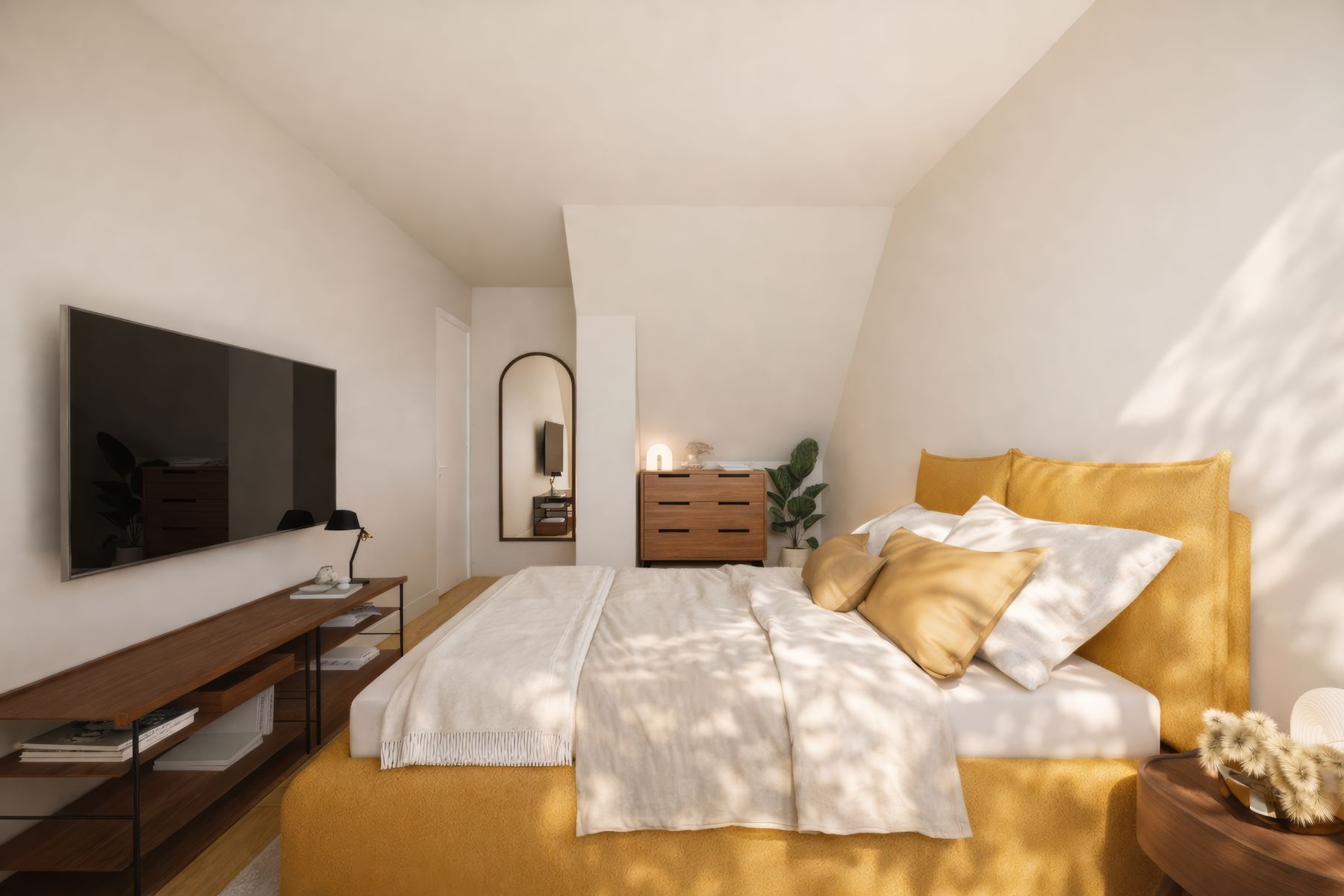 Chambre parentale, lit moutarde sous rampant