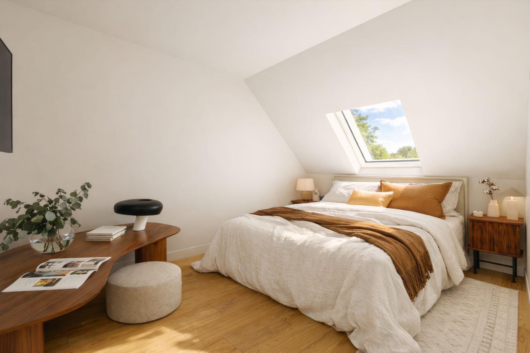 Chambre sous les toits avec fenêtre de toit et bureau