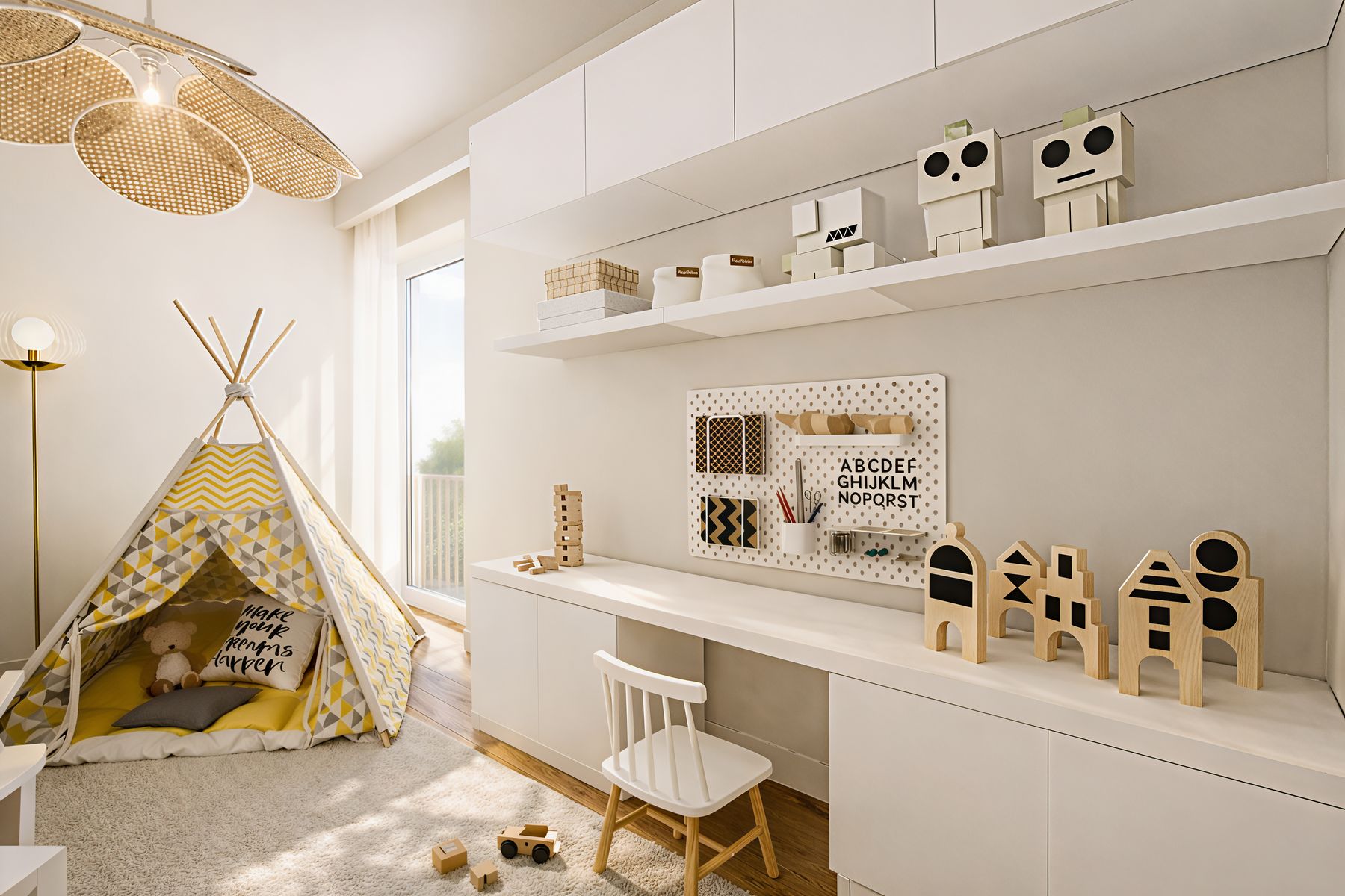 Chambre d'enfant, tipi et bureau intégré