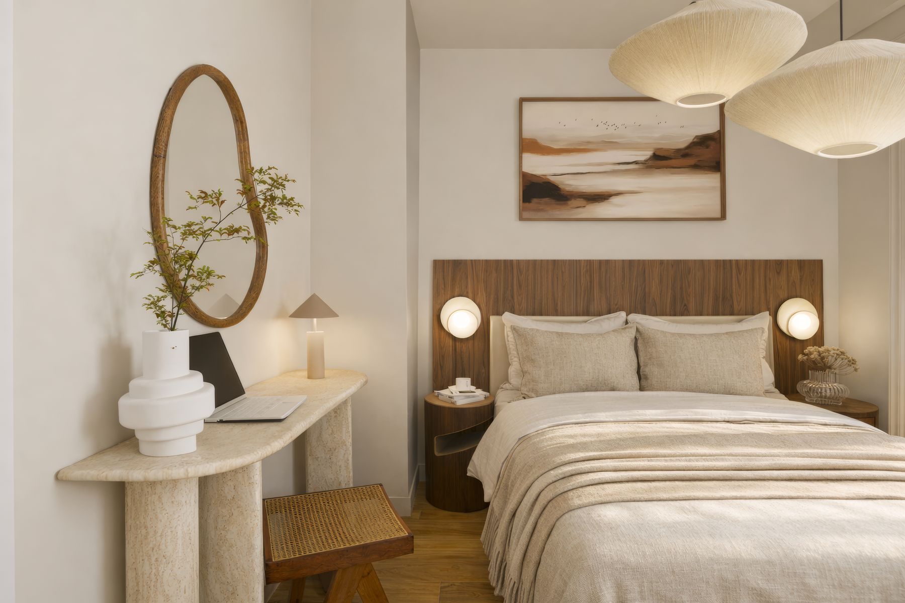 Chambre, tête de lit en noyer et console en pierre