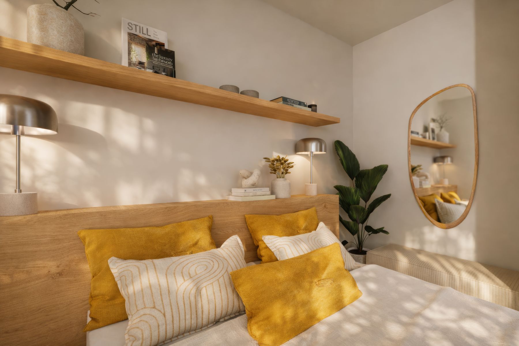 Chambre, coussins moutarde et étagère en chêne