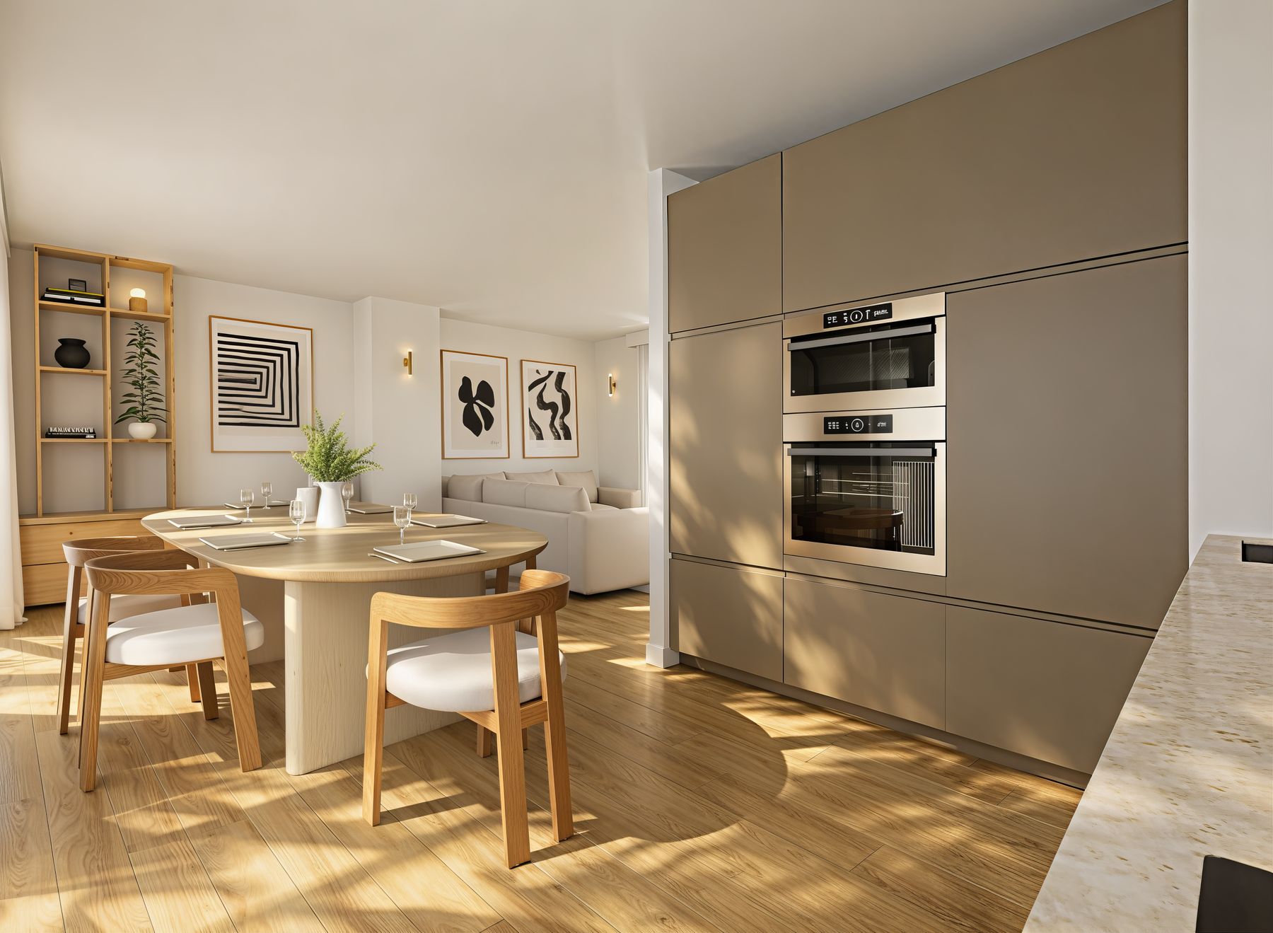 Colonnes taupe, table ovale et salon