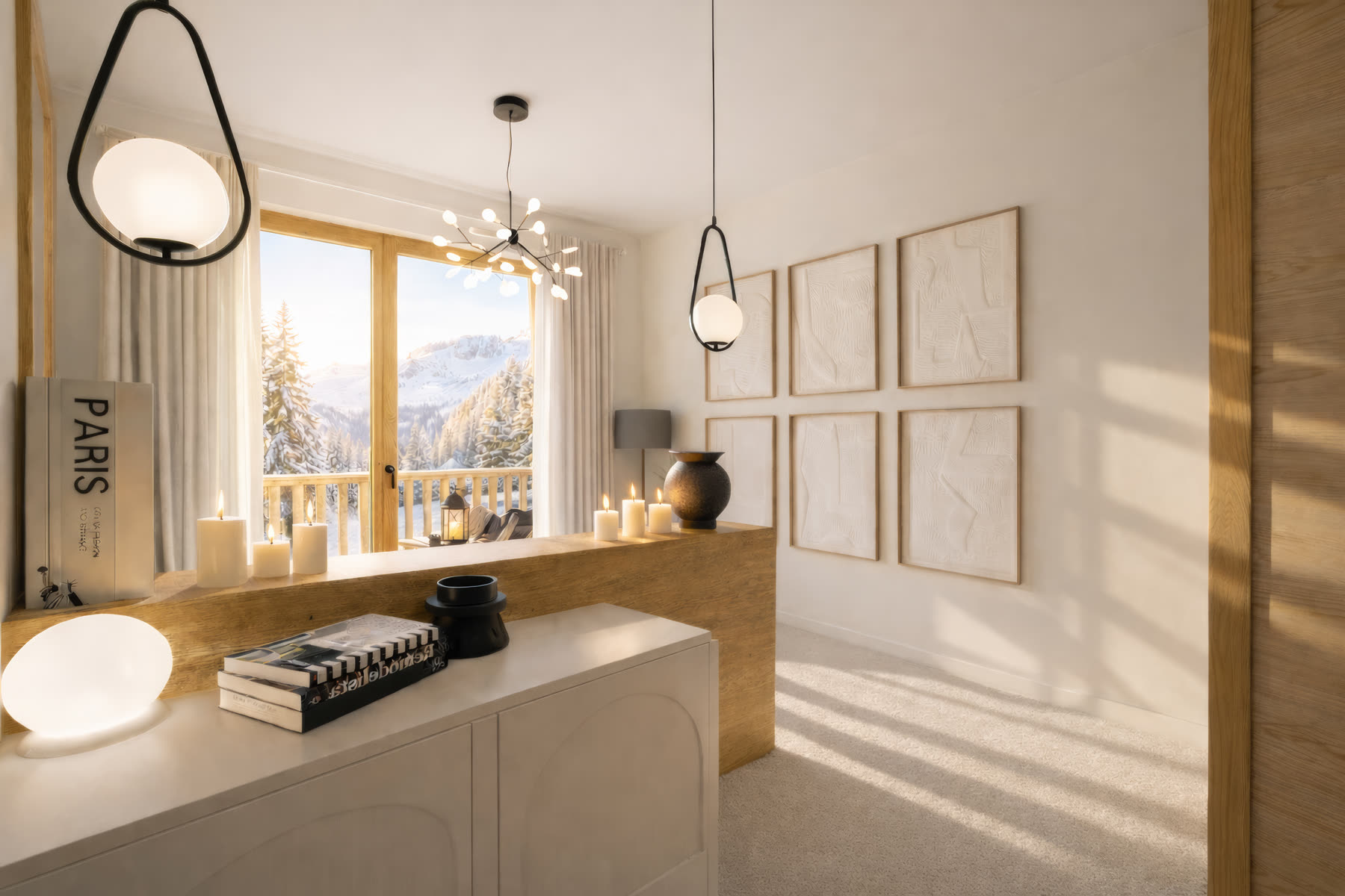Console bougies et vue sur les montagnes