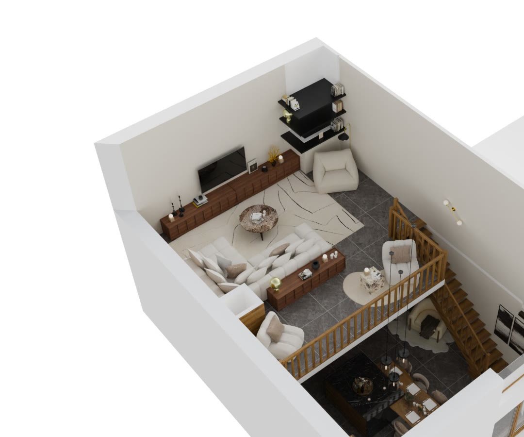 Plan 3D de la mezzanine meublée en salon