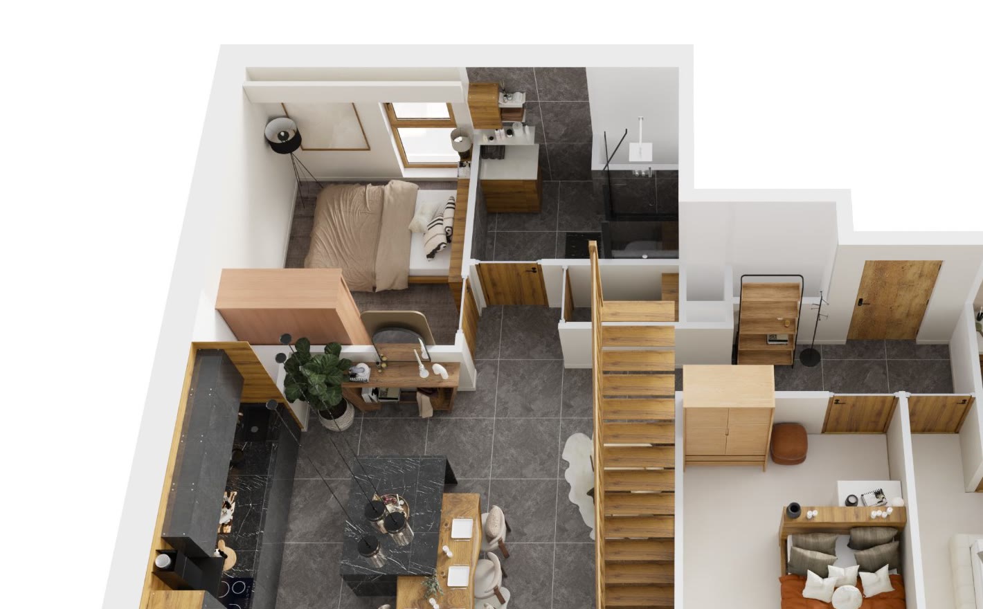 Plan 3D du rez-de-chaussée du logement 101 : séjour cathédrale, cuisine îlot, trois chambres