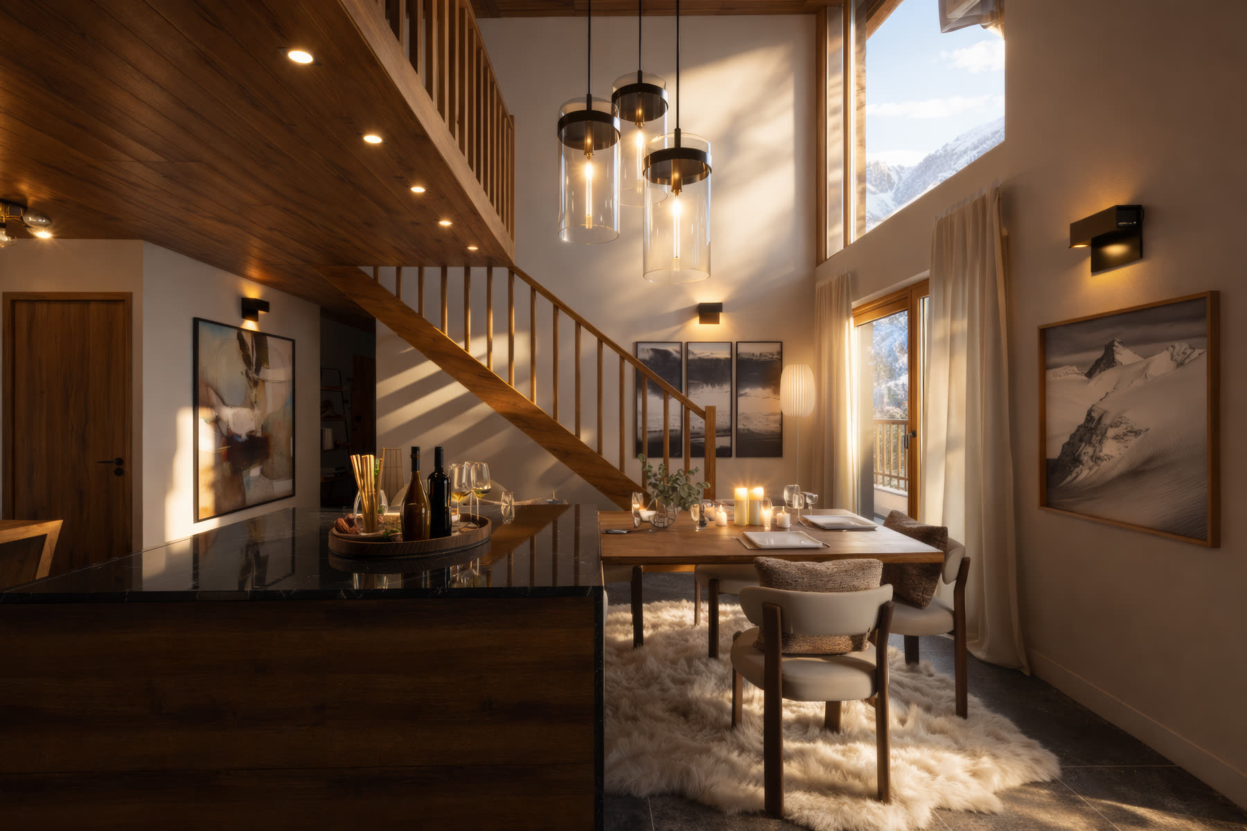 Salle à manger sous la mezzanine, suspensions en verre, escalier bois
