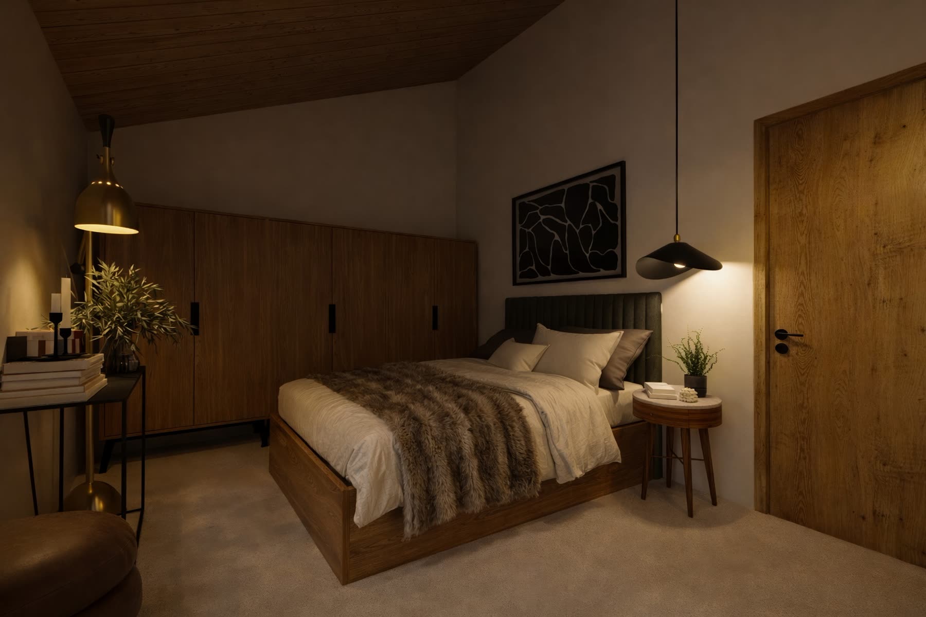 Chambre vue depuis la porte : grande armoire bois, lit en noyer, suspension noire